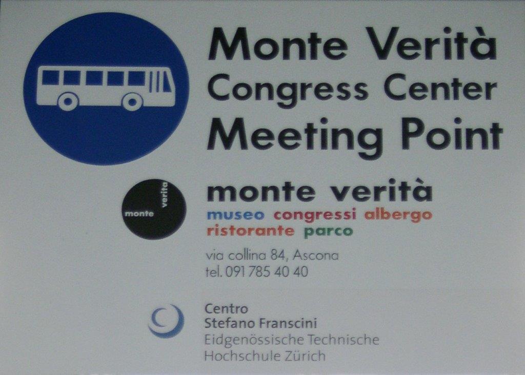 Monte Verità shuttle bus sign is posted at the railway station in Locarno.